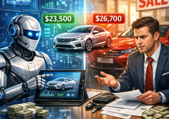 Illustration of a robot and a businessman negotiating a car deal in a dealership.