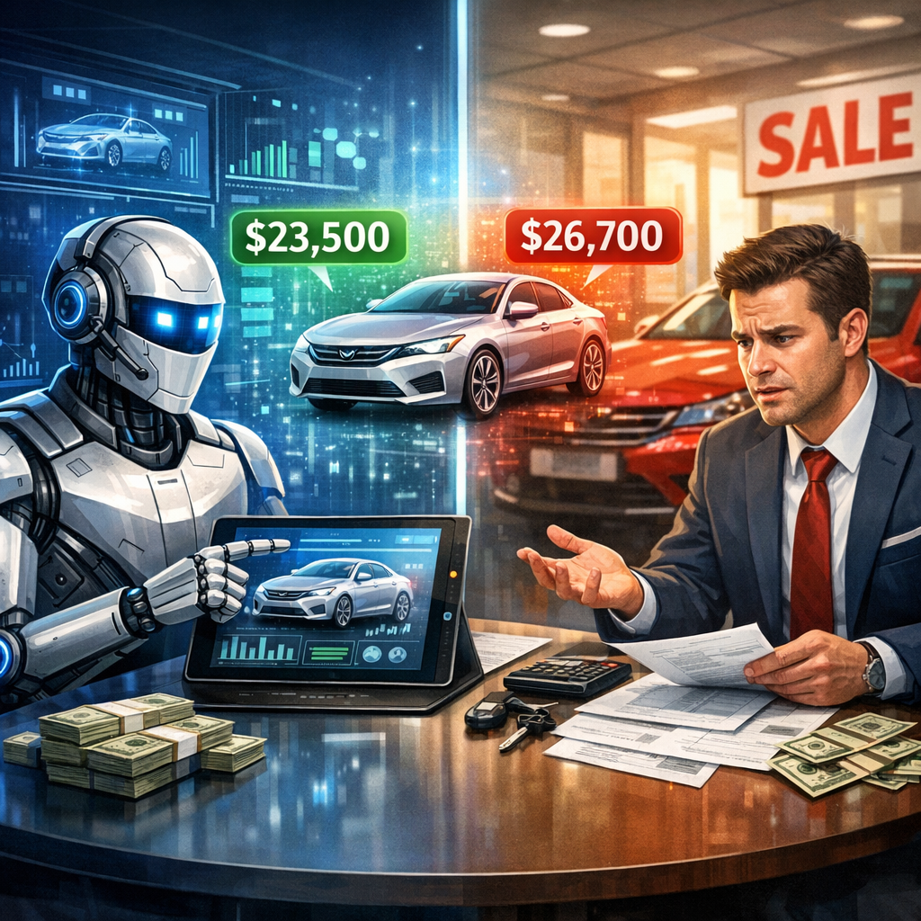 Illustration of a robot and a businessman negotiating a car deal in a dealership.