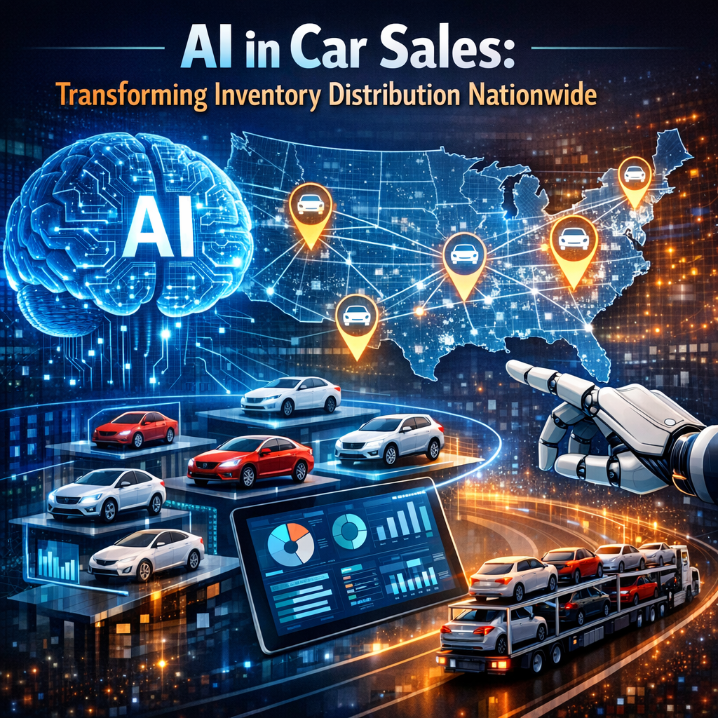 Map of the U.S. with AI icons and lines showing nationwide car inventory distribution.