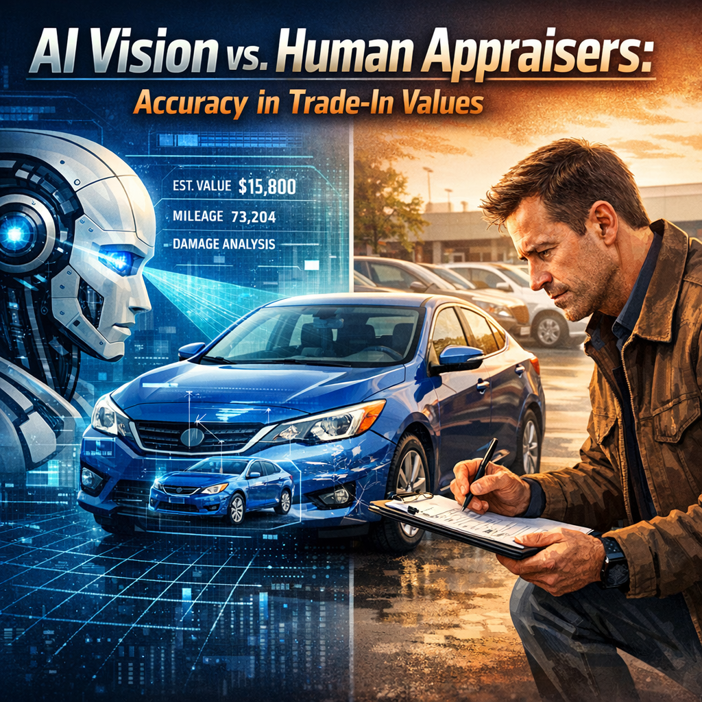 "AI system and human appraiser evaluating a car, with data analysis graphics and trade-in values displayed."