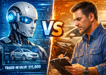 Graph comparing accuracy of AI vision and human appraisers in car trade-in values.