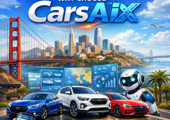 Aerial view of a bustling car marketplace in the Bay Area with diverse vehicles and advanced technology features.