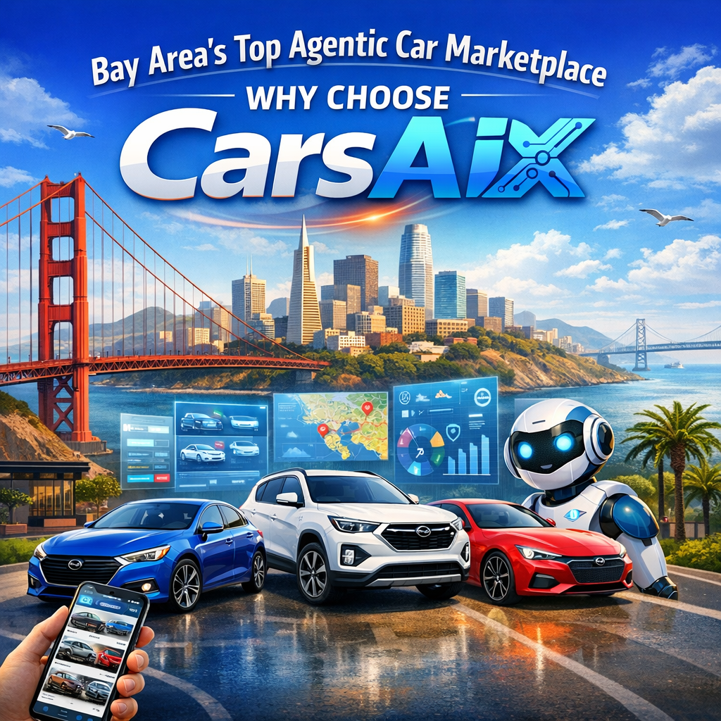 Aerial view of a bustling car marketplace in the Bay Area with diverse vehicles and advanced technology features.