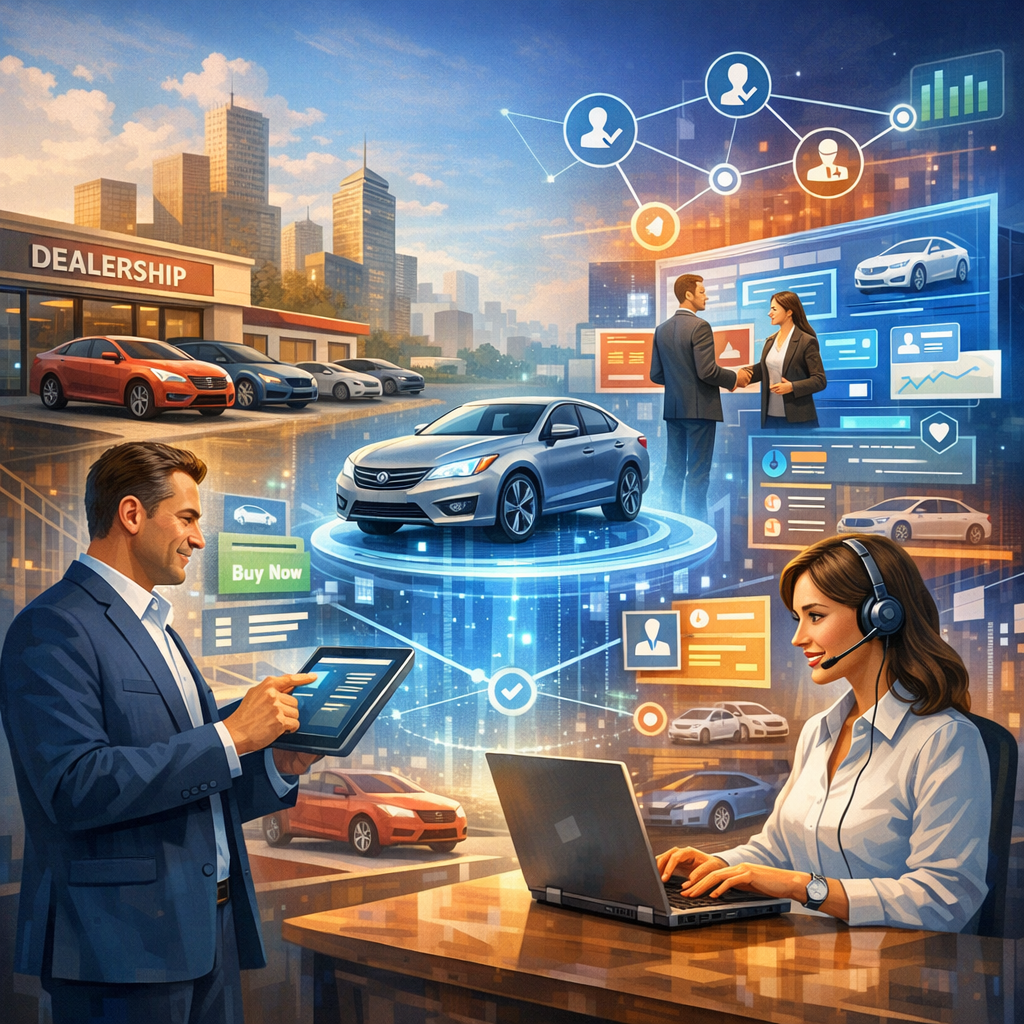 Digital car dealership with virtual showroom, customer support, and data analytics features.