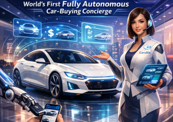 Illustration of an autonomous vehicle with AI features, labeled "CarsAIx, the Autonomous Car-Buying Concierge".