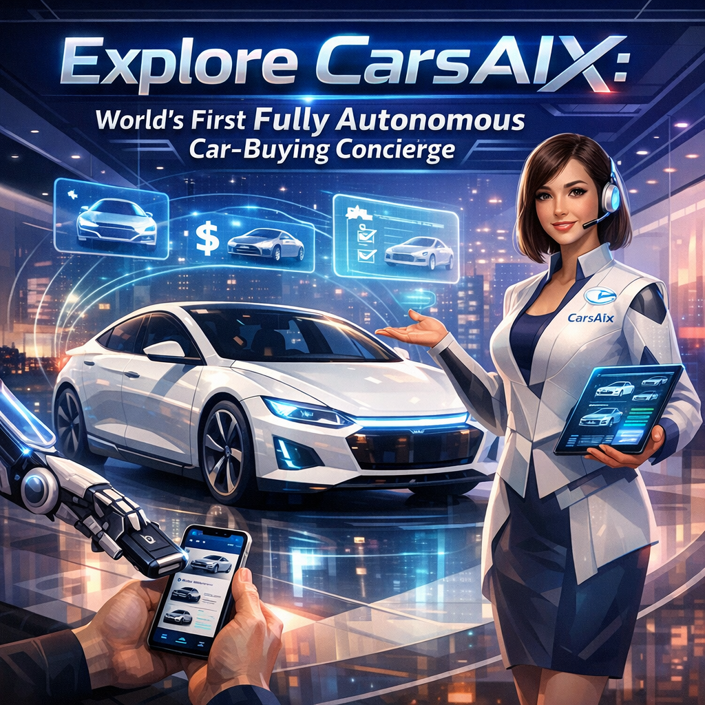 Illustration of an autonomous vehicle with AI features, labeled "CarsAIx, the Autonomous Car-Buying Concierge".
