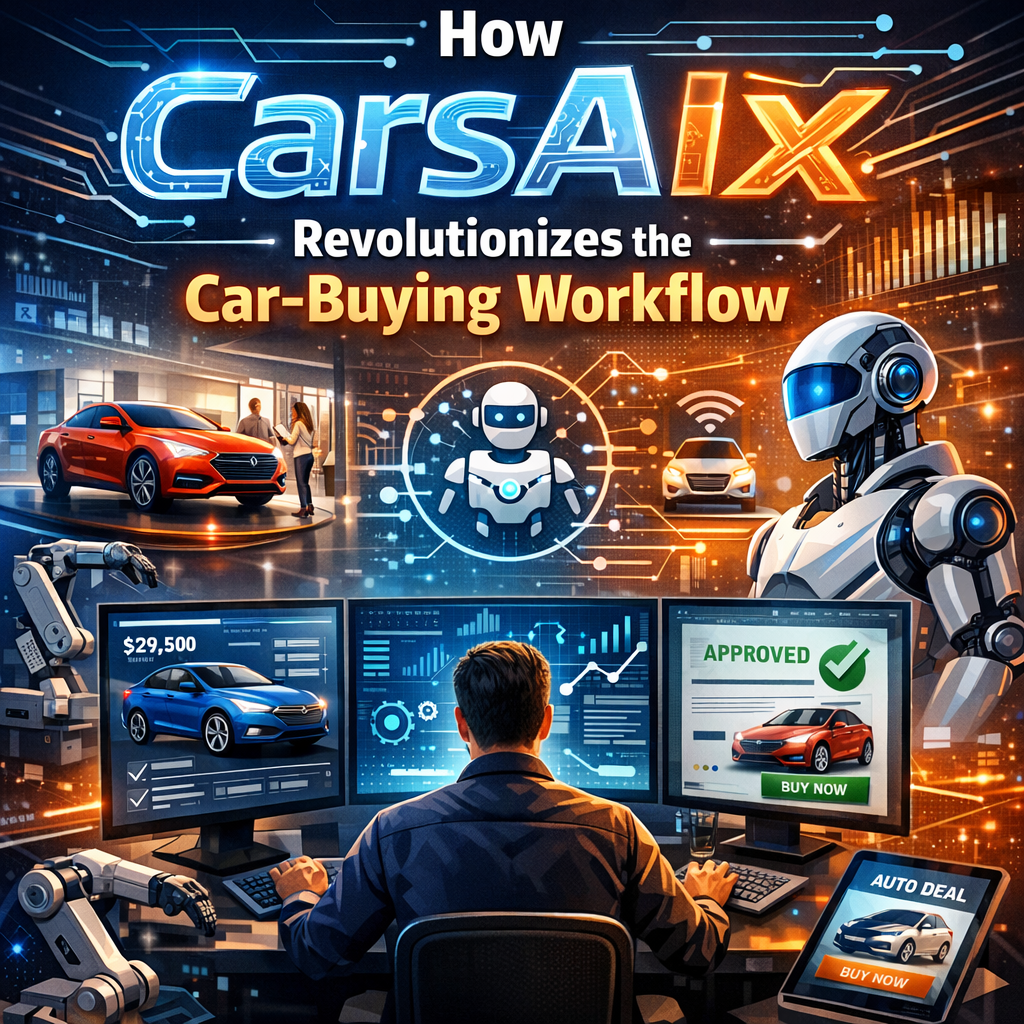 Graphic illustration of an automated car-buying process featuring AI technology and digital approvals.