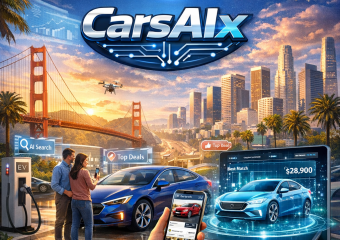 A digital illustration of a person using a virtual reality headset to view cars with the CarsAIx logo above and California ci