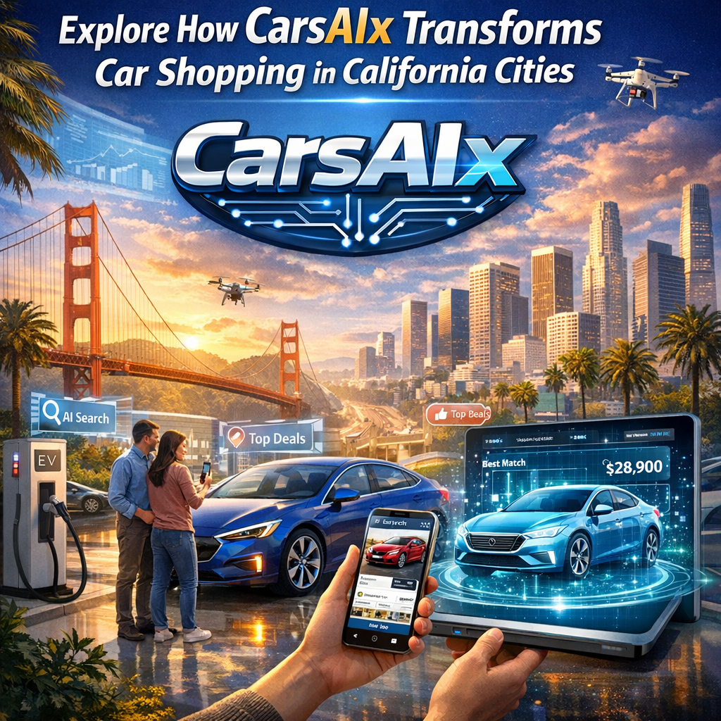 A digital illustration of a person using a virtual reality headset to view cars with the CarsAIx logo above and California ci