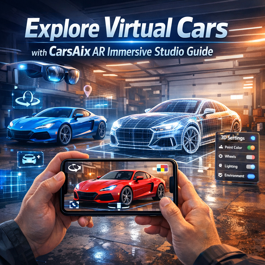 "Step into your dream car from the comfort of your home with our AR car visualization in the CarsAIx Immersive Studio!" Person using an augmented reality headset to view and interact with a 3D model of a car.