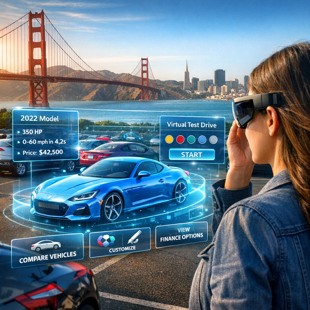 "Experience the future of car shopping with augmented reality, transforming how Bay Area residents choose and customize Woman using AR glasses to customize a virtual car with San Francisco skyline in background.