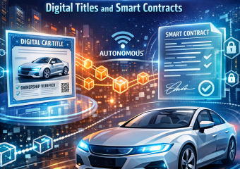 Graphic of a digital screen displaying a smart contract and a title for an autonomous car.