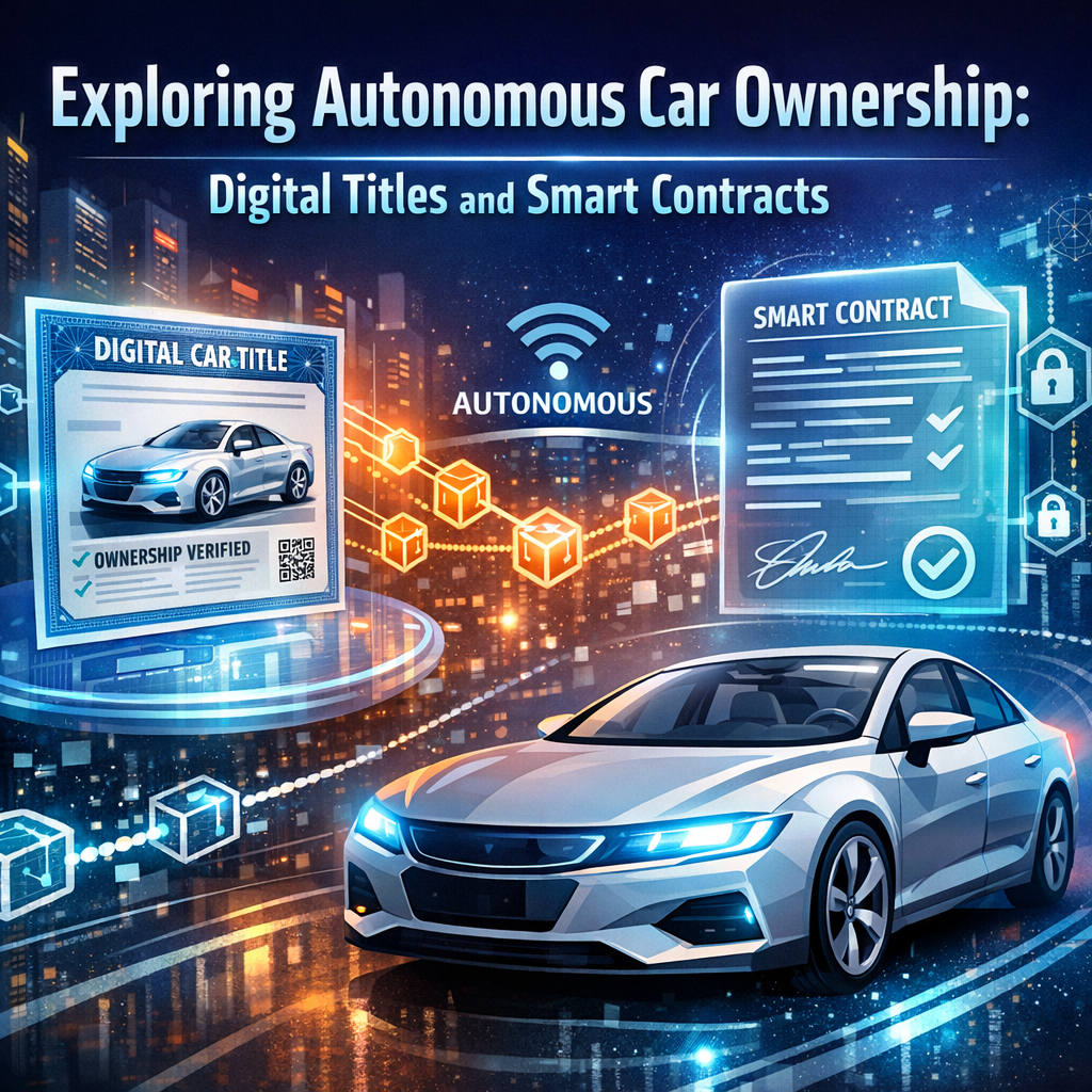 "Unlock the future of driving: where autonomous car ownership meets secure, seamless digital transactions!" Graphic of a digital screen displaying a smart contract and a title for an autonomous car.