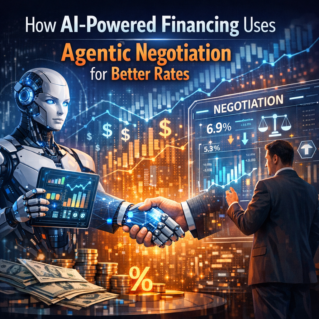 Graphical representation of AI technology negotiating with financial institutions to secure lower interest rates.