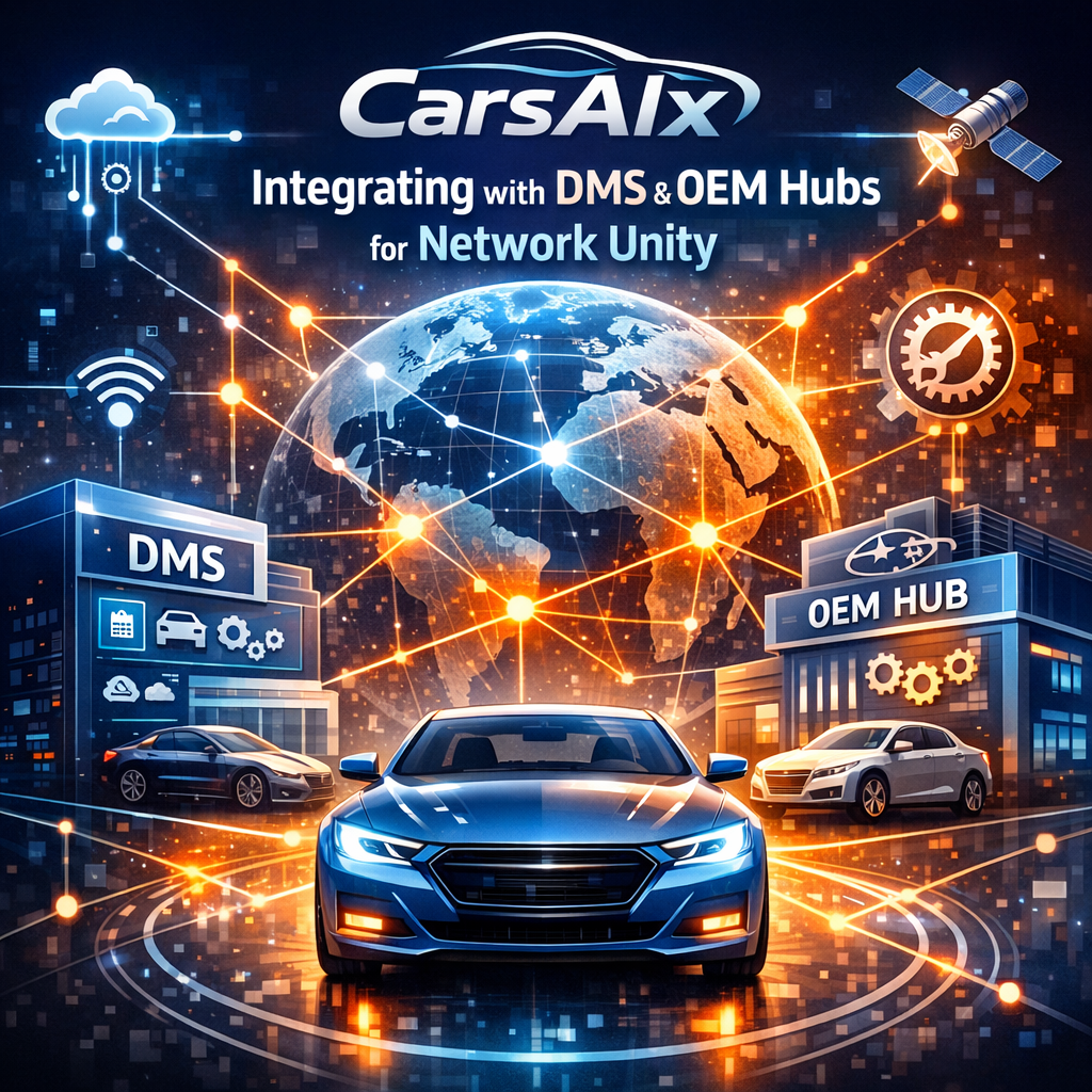 Diagram showing CarsAIx integration with DMS and OEM hubs for enhanced automotive network connectivity.