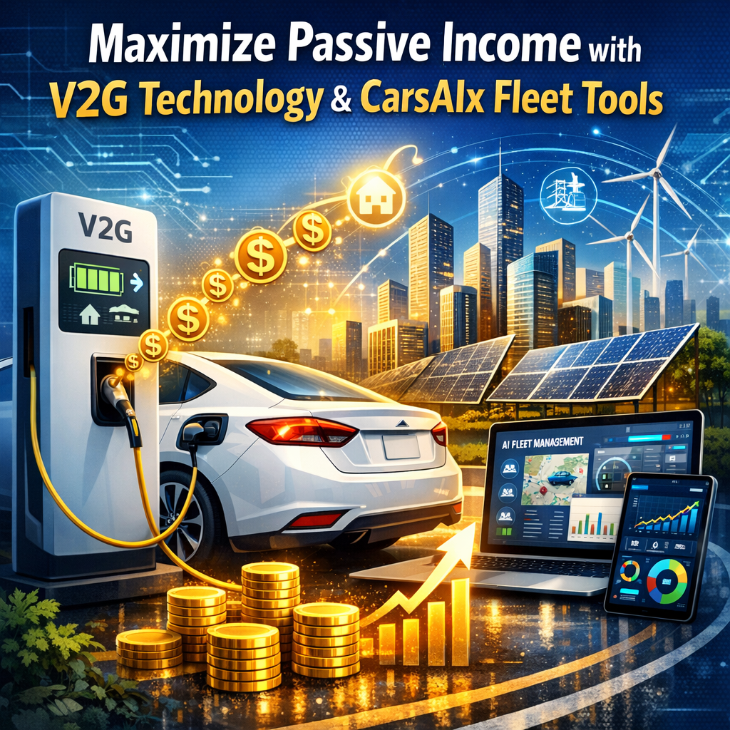 Electric vehicle connected to a charging station with V2G technology display and mobile fleet management app.