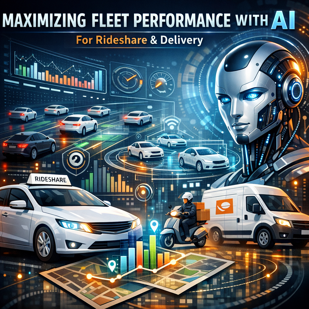 "Discover the future of transportation with AI-driven solutions enhancing fleet performance for rideshare and delivery s Graphical representation of AI monitoring and optimizing a diverse fleet of rideshare and delivery vehicles.
