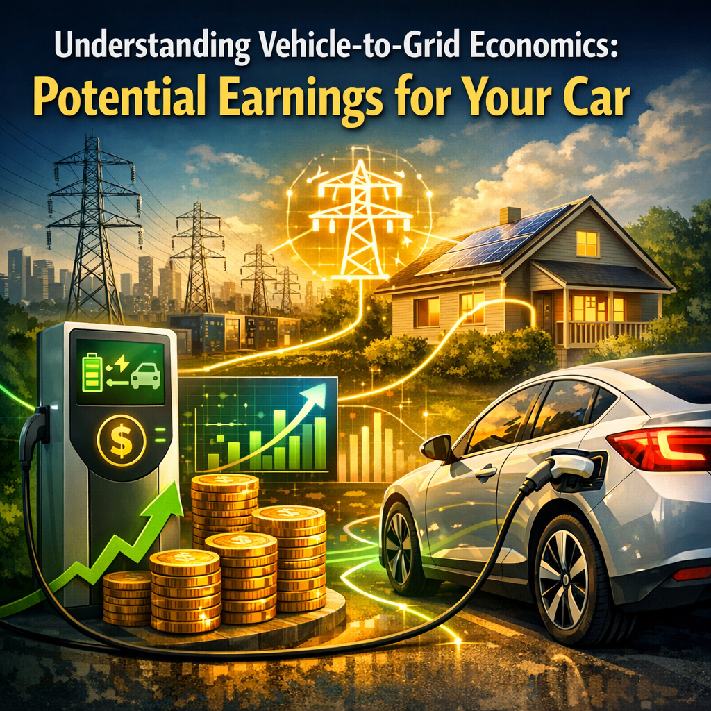 Electric car connected to a home charging station with digital earnings display, illustrating vehicle-to-grid technology.