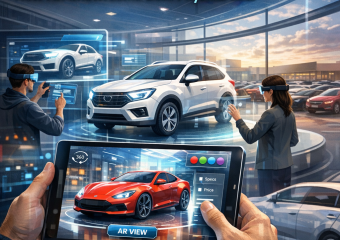 AR technology overlay on a car in a virtual showroom.