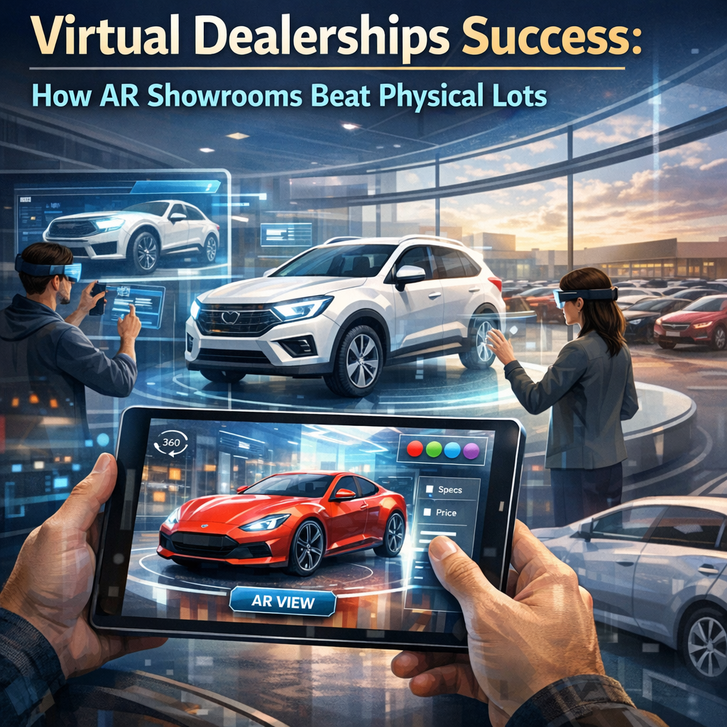 AR technology overlay on a car in a virtual showroom.